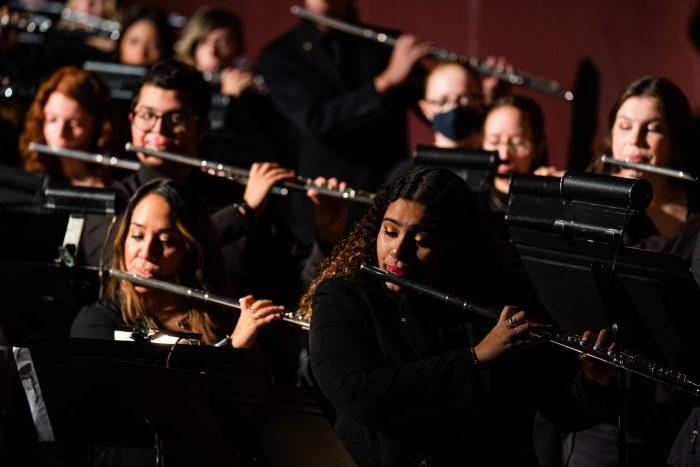 An ensemble of flutists perform during a concert.